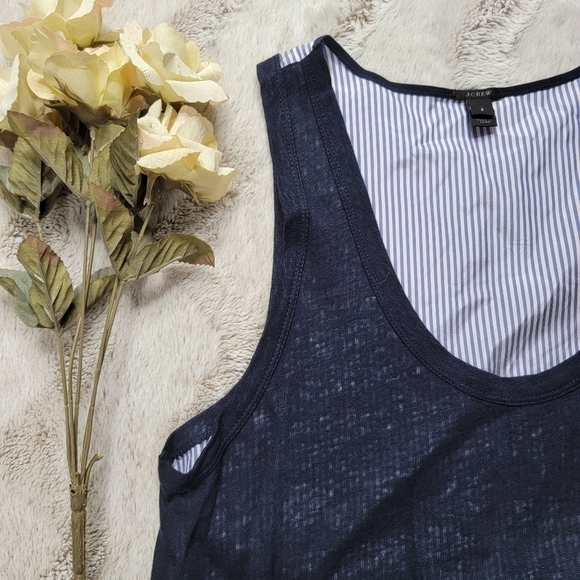 J Crew Silk Trapeze Vertical Stripe Back Linen Solid Front Panel Top Navy Size S - Picture 5 of 11